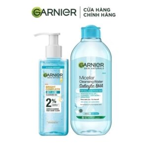Bộ đôi Gel rửa mặt dịu nhẹ 2% [BHA, Vitamin C] & Nước tẩy trang BHA Garnier Bright Complete Anti-Acne (120ml x 400ml)